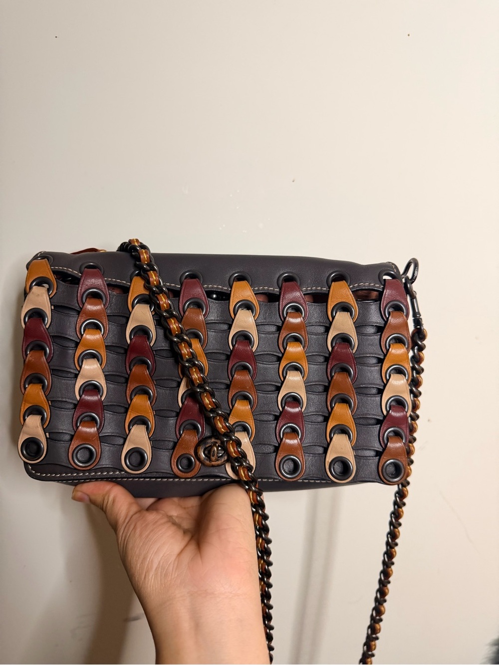 Coach Black Crossbody Bag with Burgundy, Tan and Cream Weave